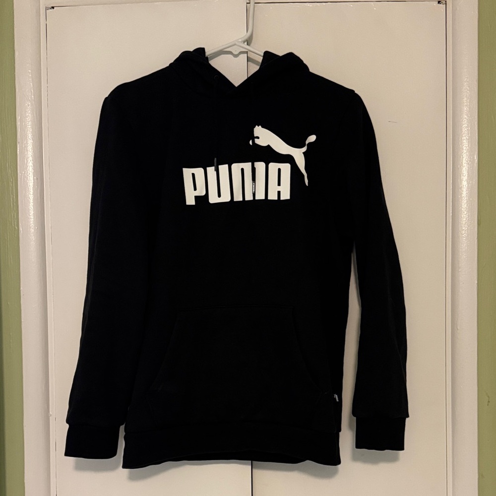 Men’s Puma Classic Black Hoodie with white logo, size small